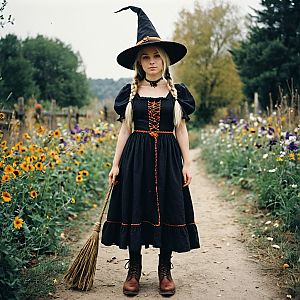Young Woman in Witch Costume Surrounded by Wildflowers