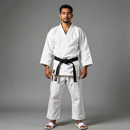 Man Wearing White Karate Gi with Black Belt Standing Against Gray Background