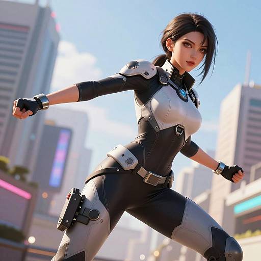 Futuristic Woman in Tactical Suit Action Pose in Urban Sci-Fi Setting