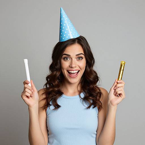 Excited Woman in Blue Party Hat Holding Party Blowers