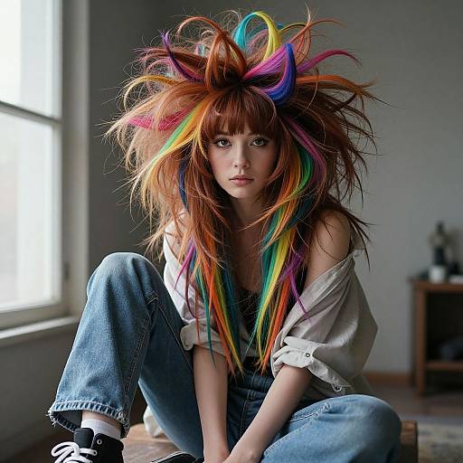 Young Woman with Voluminous Rainbow Colored Avant-Garde Hairstyle Indoors