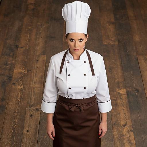 Professional Woman Chef Wearing Whites and Brown Apron on Wooden Floor