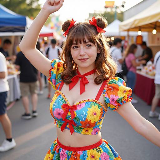 Young Woman in Floral Festival Outfit at Outdoor Market