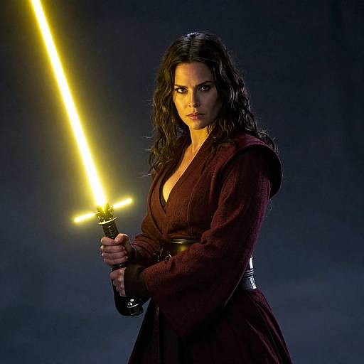 Woman Jedi Holding Yellow Double-Bladed Lightsaber in Dark Robe