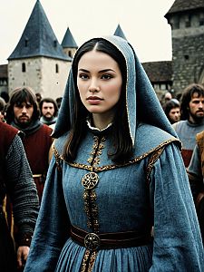 Medieval Woman in Blue Gown with Castle and Men in Historical Attire