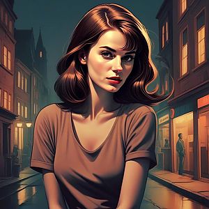 Auburn-haired Woman in Urban Dusk Scene