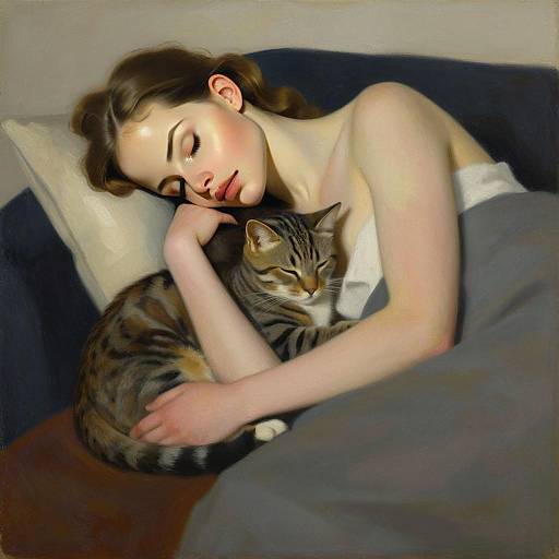 Peaceful Woman Embracing Tabby Cat in Soft Realism Style