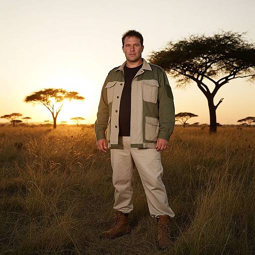 Man in Military Jacket Standing in African Savannah at Sunset