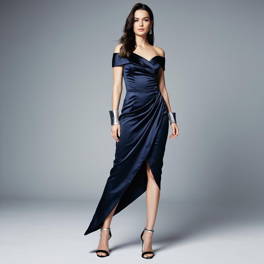 Elegant Woman in Navy Blue Satin Off-Shoulder Evening Gown