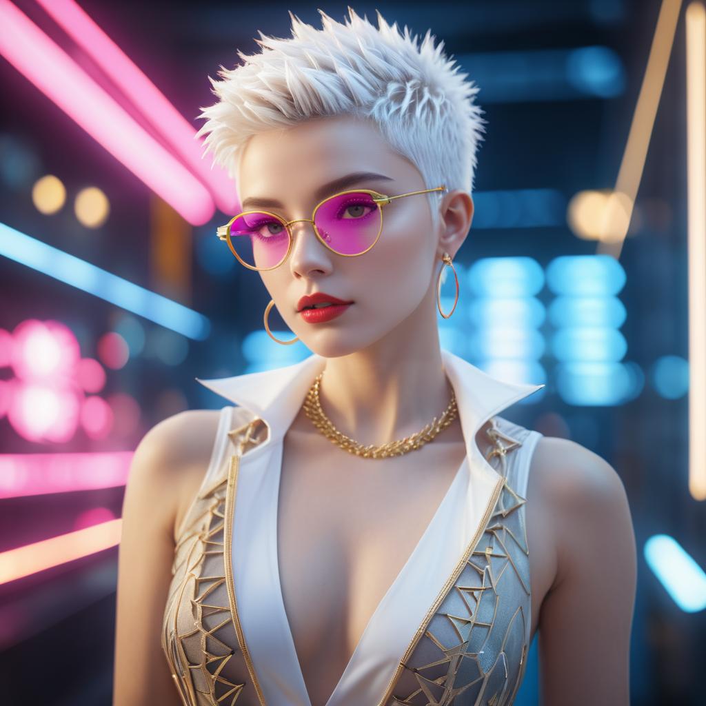 Confident Woman with Platinum Blonde Hair in Futuristic Neon Setting