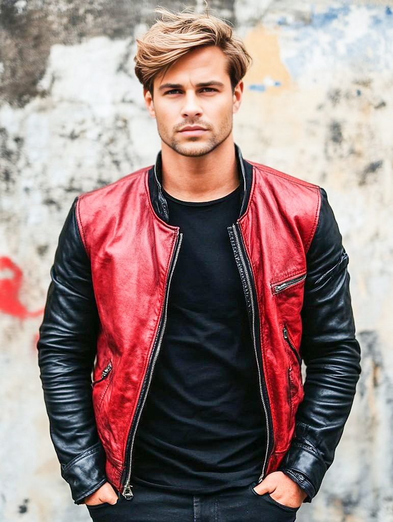 Confident Young Man in Red and Black Leather Jacket