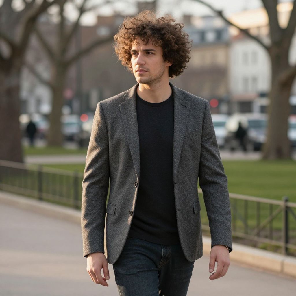 Young Man in Grey Blazer Walking Outdoors with Urban Park Background