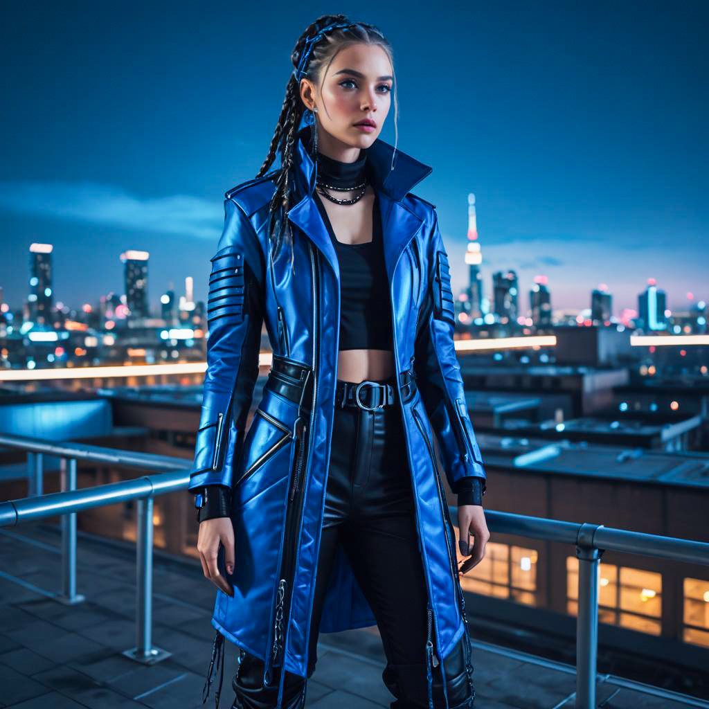 Woman in Blue Leather Coat with Cyberpunk Cityscape at Night