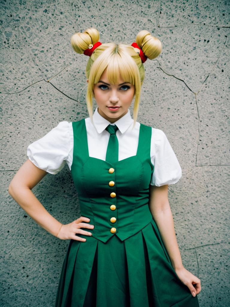 Blonde Woman in Green Cosplay Dress with Double Bun Hairstyle