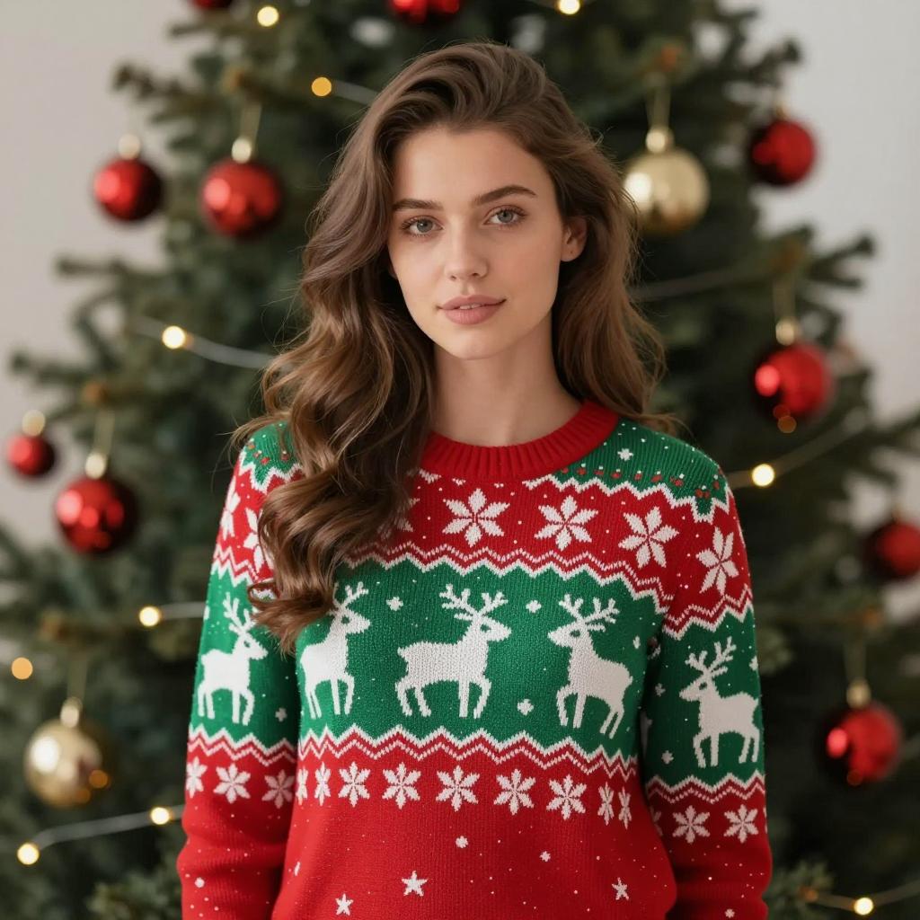Young Woman Wearing Festive Reindeer Christmas Sweater in Front of Holiday Tree