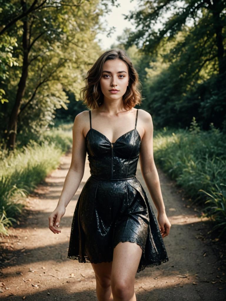 Confident Woman in Vintage Dress on Tree-Lined Path