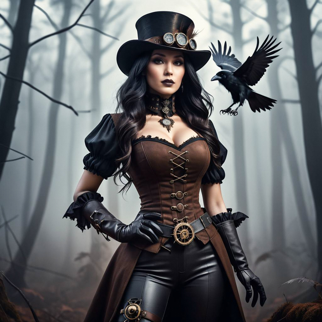 Confident woman in steampunk corset with raven in misty forest