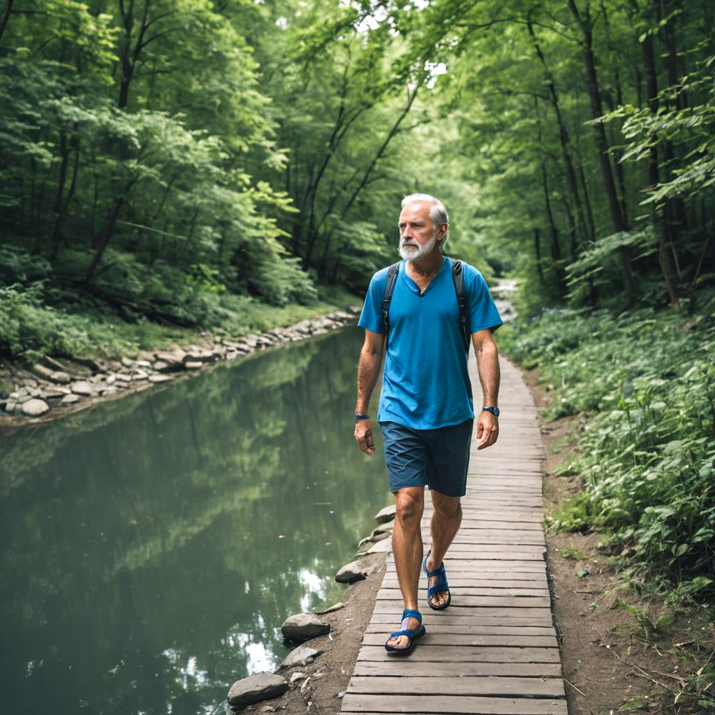 Man Walking on Wooden Path by Tranquil River