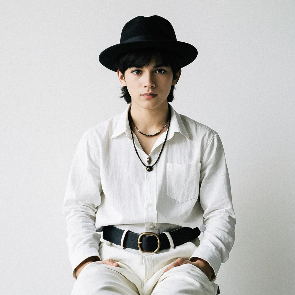 Young Man in Stylish White Outfit with Black Accessories