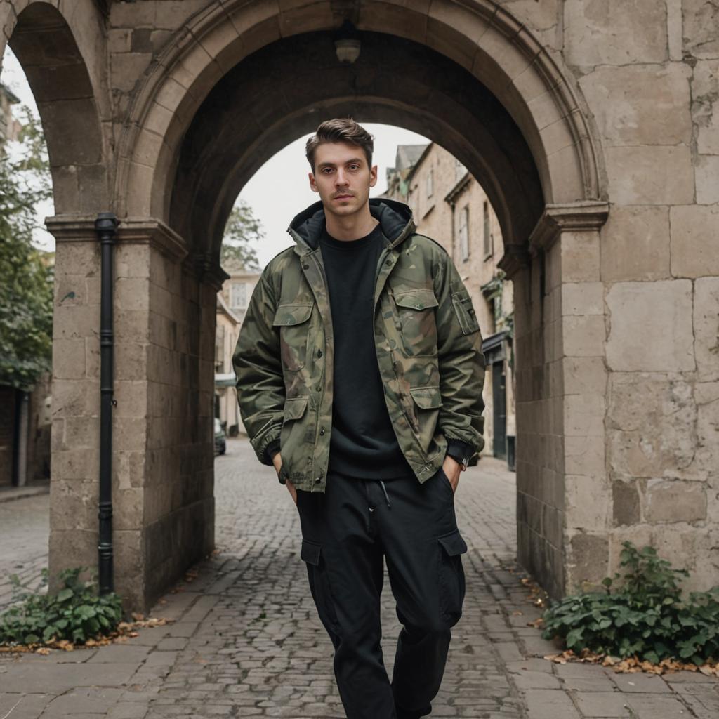 Confident Young Man in Urban Attire at Ancient Archway