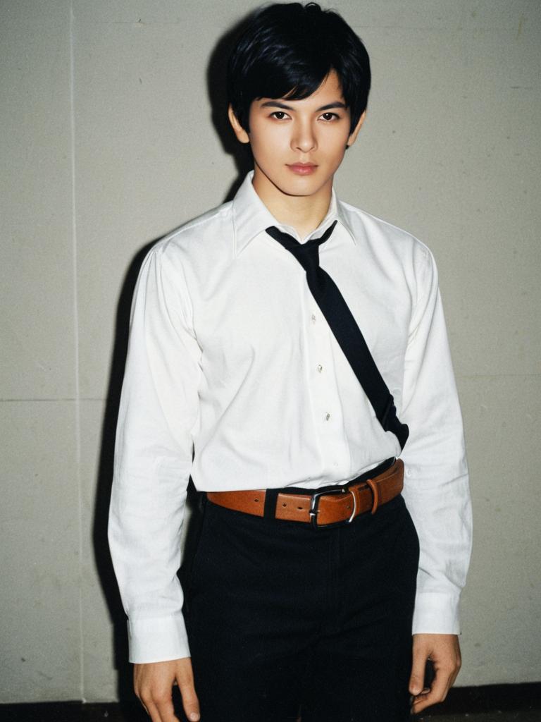 Young Man Wearing White Shirt with Black Tie and Brown Belt