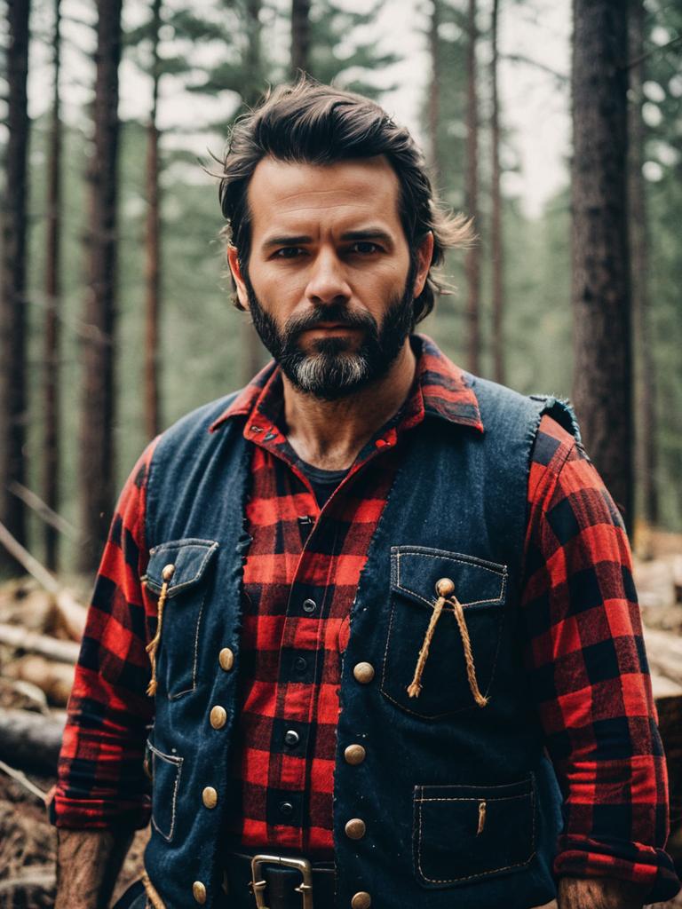 Rugged Man in Lumberjack Costume Photorealistic Portrait in Forest