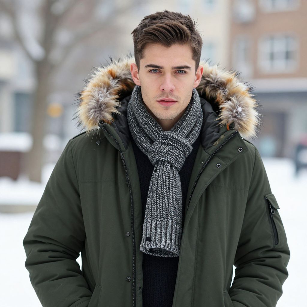 Young Man Wearing Winter Coat with Fur Hood and Knit Scarf Outdoors