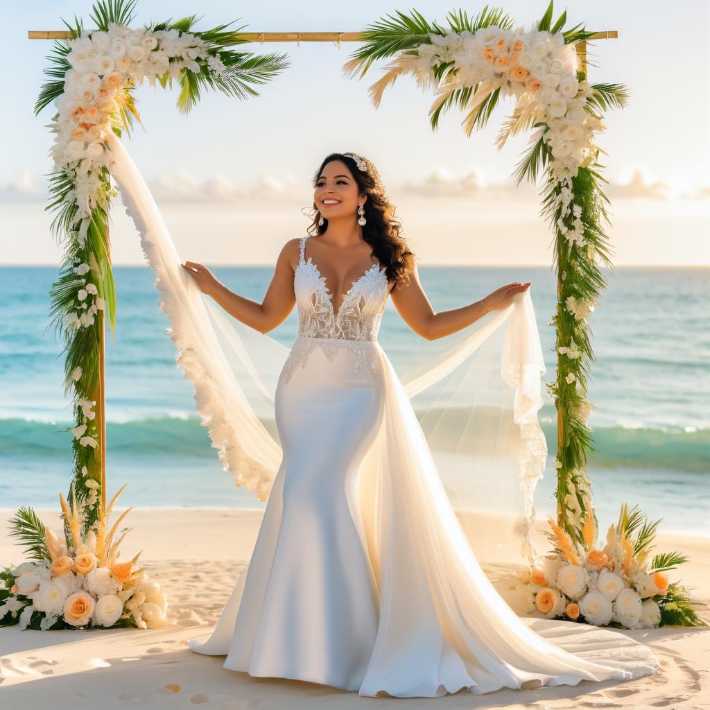 Stunning Bride on Sunlit Beach with Floral Arch