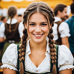 Smiling woman in Bavarian attire at cultural festival