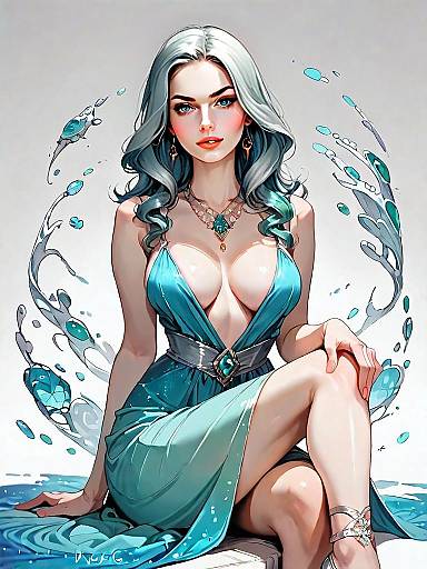 Elegant Woman in Teal Floor-Length Dress with Plunging Neckline and Water Elements