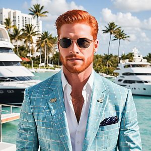 Stylish Man in Light Blue Suit by Waterfront