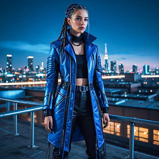 Woman in Blue Leather Coat with Cyberpunk Cityscape at Night
