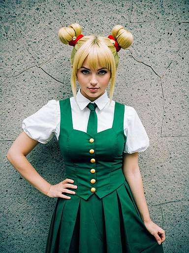 Blonde Woman in Green Cosplay Dress with Double Bun Hairstyle