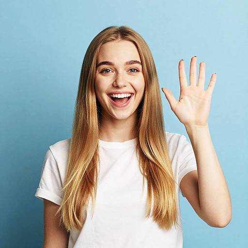 Happy Blonde Woman Waving Hand in White T-Shirt on Blue Background