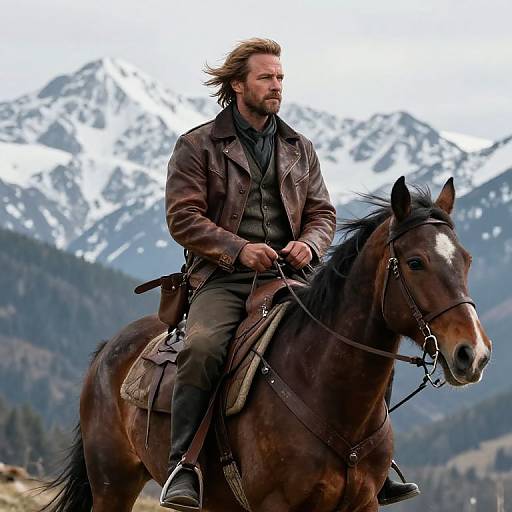 Man on Horseback Wearing Leather Jacket with Mountain Landscape