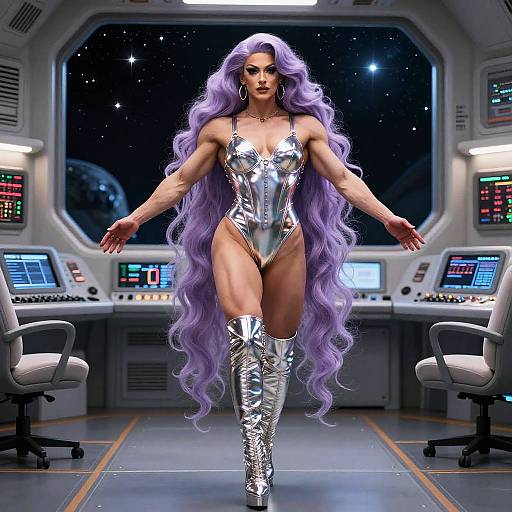 Futuristic Woman in Metallic Silver Bodysuit with Lavender Hair on Spaceship Bridge