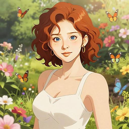 Anime Style Red-Haired Woman in Floral Garden with Butterflies
