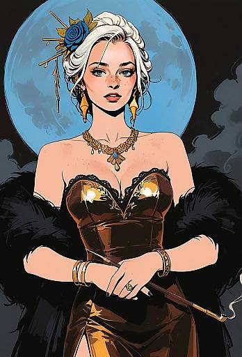 Elegant Woman in Vintage Gown with Blue Rose and Moon Backdrop Illustration