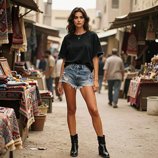 Toned Woman in Grunge Black Oversized T-Shirt and Distressed Denim Shorts in Market