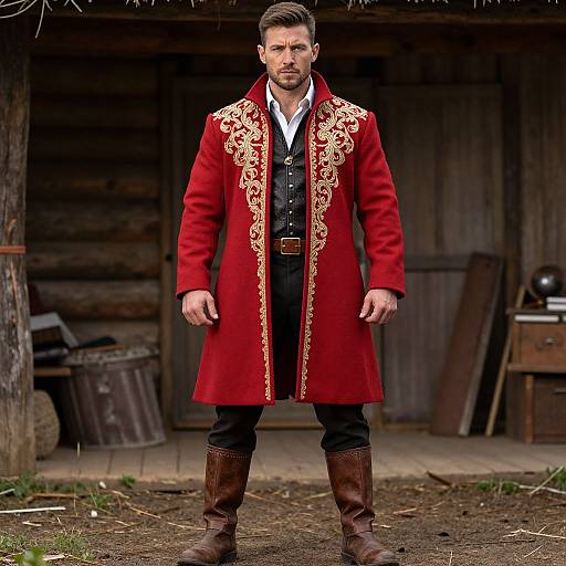Man in Embroidered Red Coat Standing by Rustic Cabin