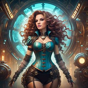 Steampunk Woman in Teal and Gold Costume