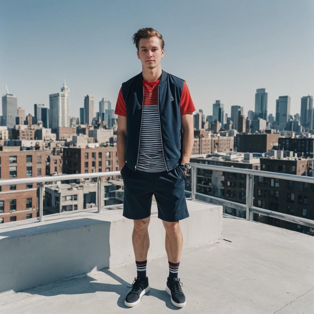 Stylish Young Man on Rooftop with City Skyline