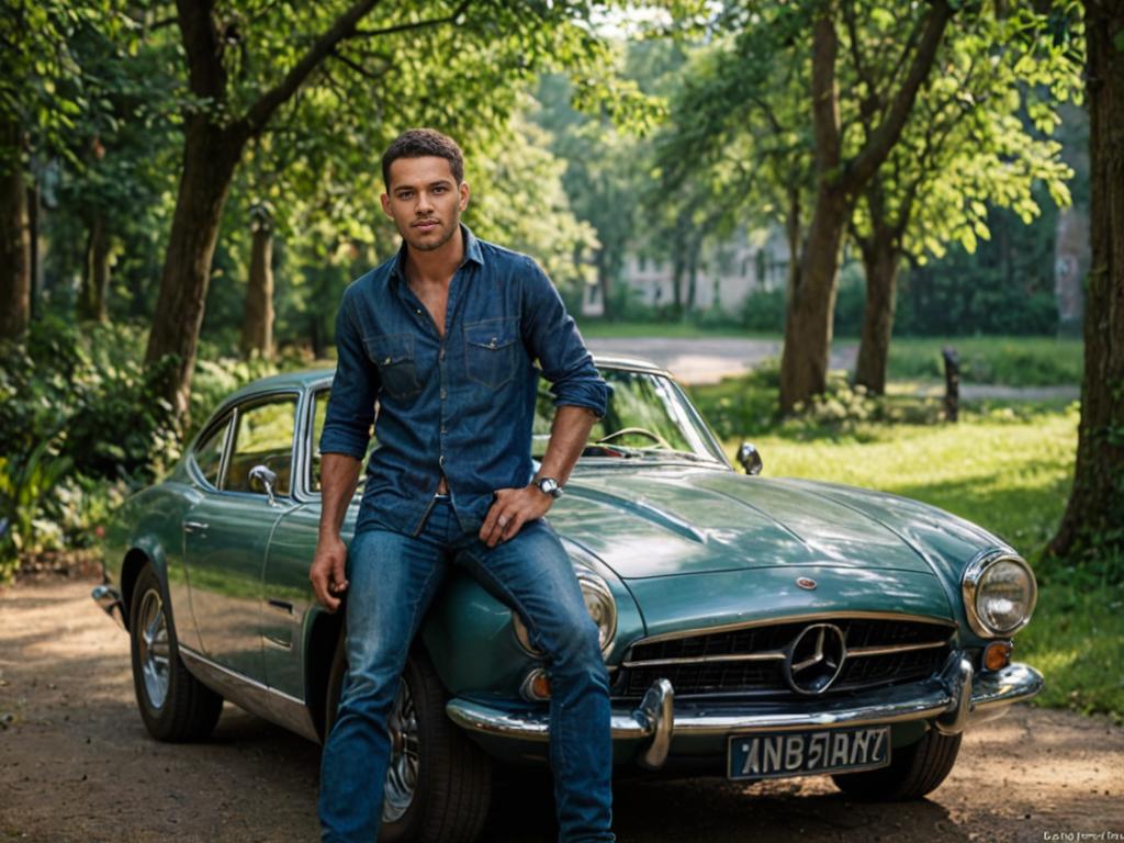 Man Leaning on Vintage Green Mercedes-Benz