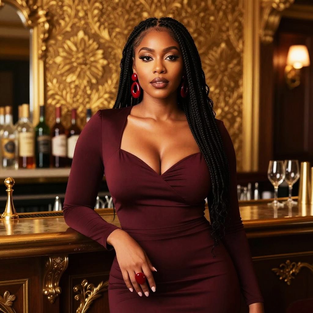 Elegant Woman in Deep Burgundy Dress at Sophisticated Bar