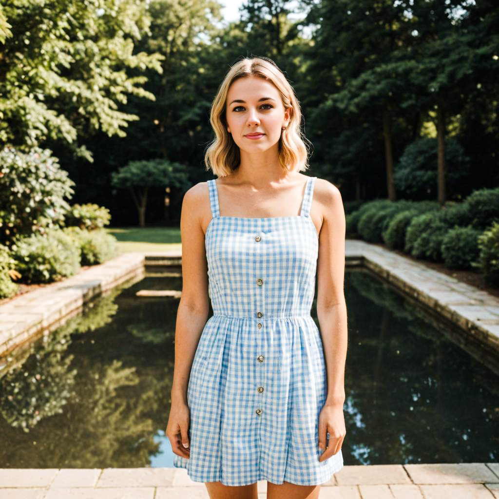 Stylish Woman in Checkered Dress by Water