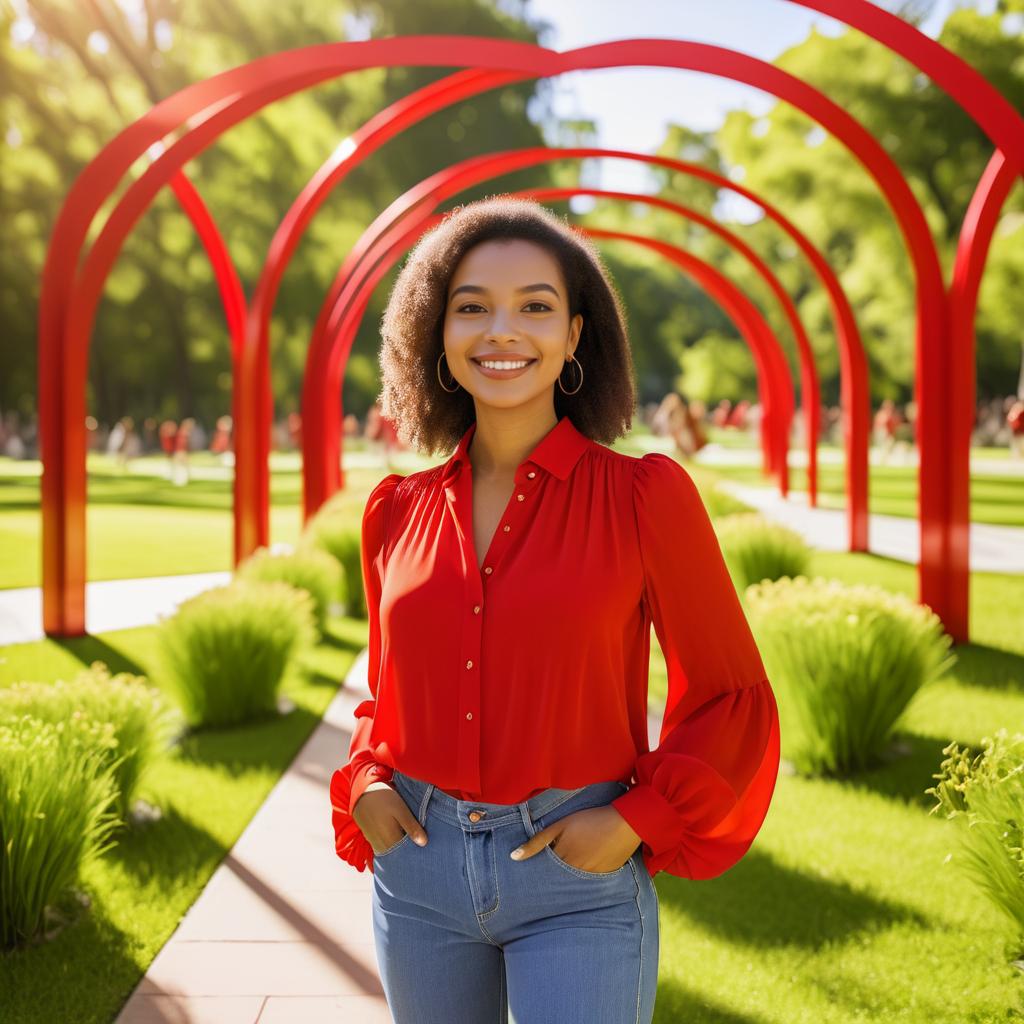 Joyful Woman in Vibrant Park with Red Arches