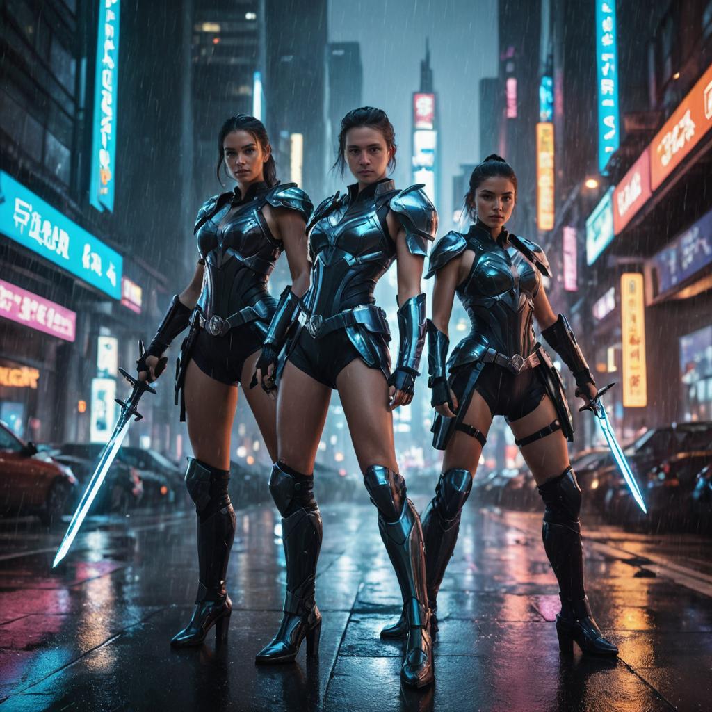 Futuristic Trio of Women in Neon Armor