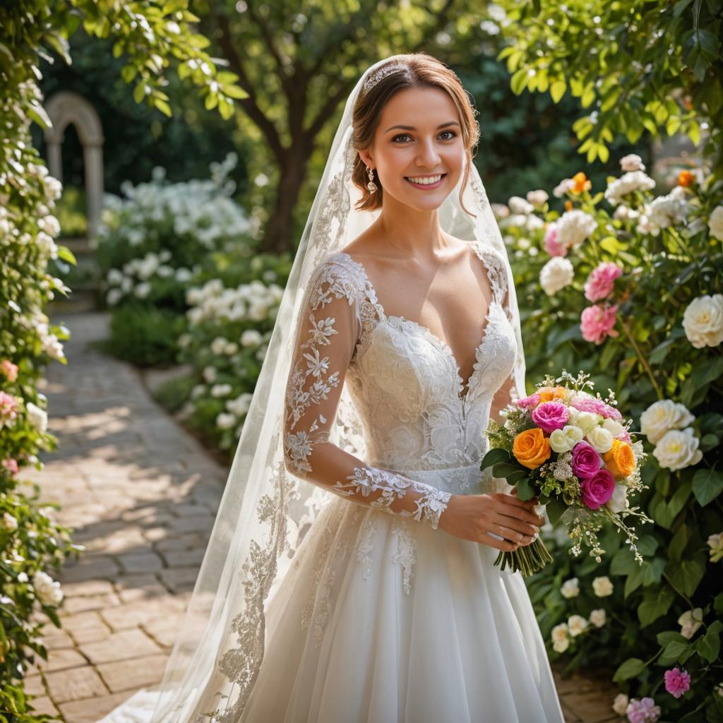 Radiant Bride in Lace Gown in Garden