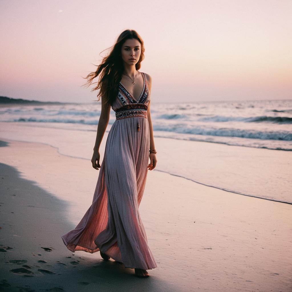 Woman Walking on Beach at Sunset in Bohemian Maxi Dress Woman Walking on Beach at Sunset in Bohemian Maxi Dress