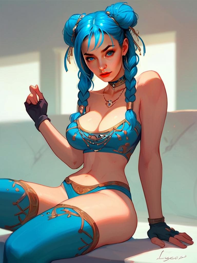 Stylized Anime Woman with Blue Hair in Fantasy Outfit Digital Art